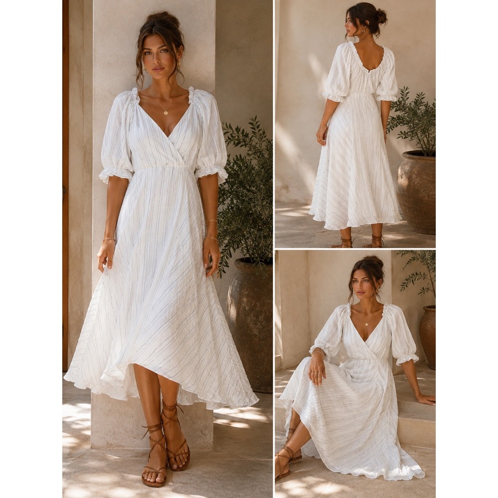Maison Tara Dress Women 6 White Pinstripe Puff Sleeve Wrap Midi High Low Hem